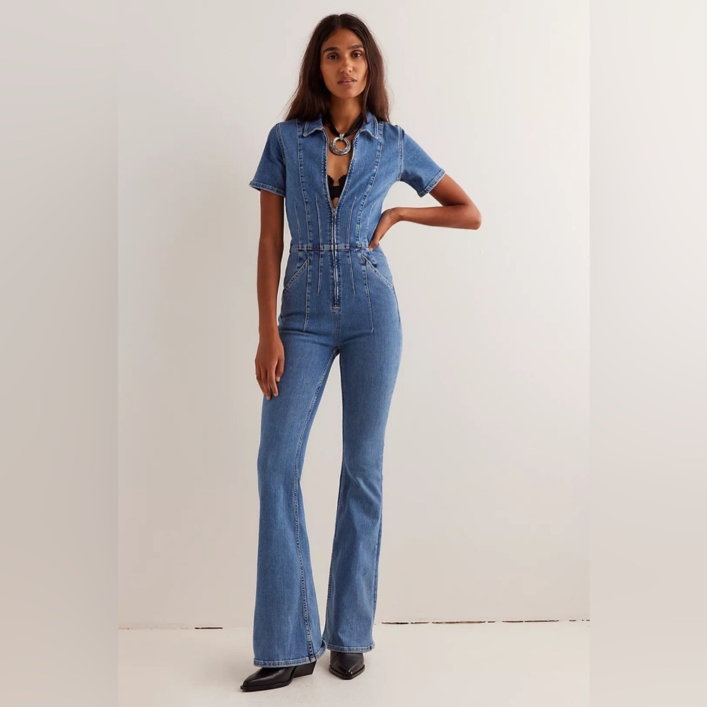 free People Jayde denim flare seamed jumpsuit in sunburst medium blue